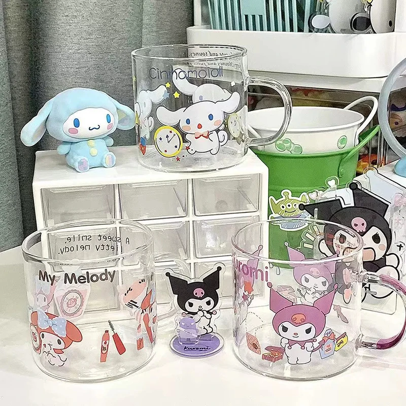 1pcs Sanrio Kawaii Pochacco Cup Kuromi My Melody Cinnamoroll Student Breakfast Milk Juice Coffee Glass Water Cup Handle Cup Gift