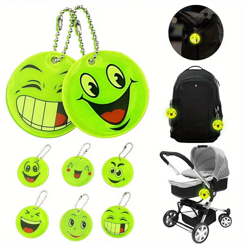 50pcs/10pcs Reflective Fluorescent  joyful Face Keychains-Safety Charms for Backpacks,Strollers,Purse,Night Safety Accessories