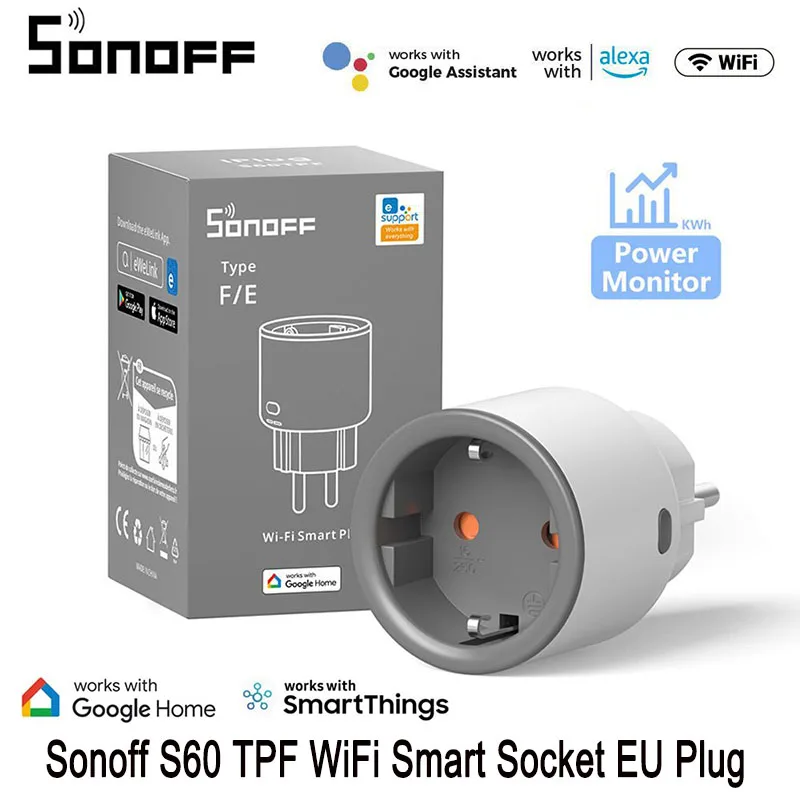 

1-5 шт. SONOFF S60 EU Plug 16A TPF Wi-Fi умная розетка защита от перегрузки таймер сцена дистанционное управление через eWeLink Alexa Google