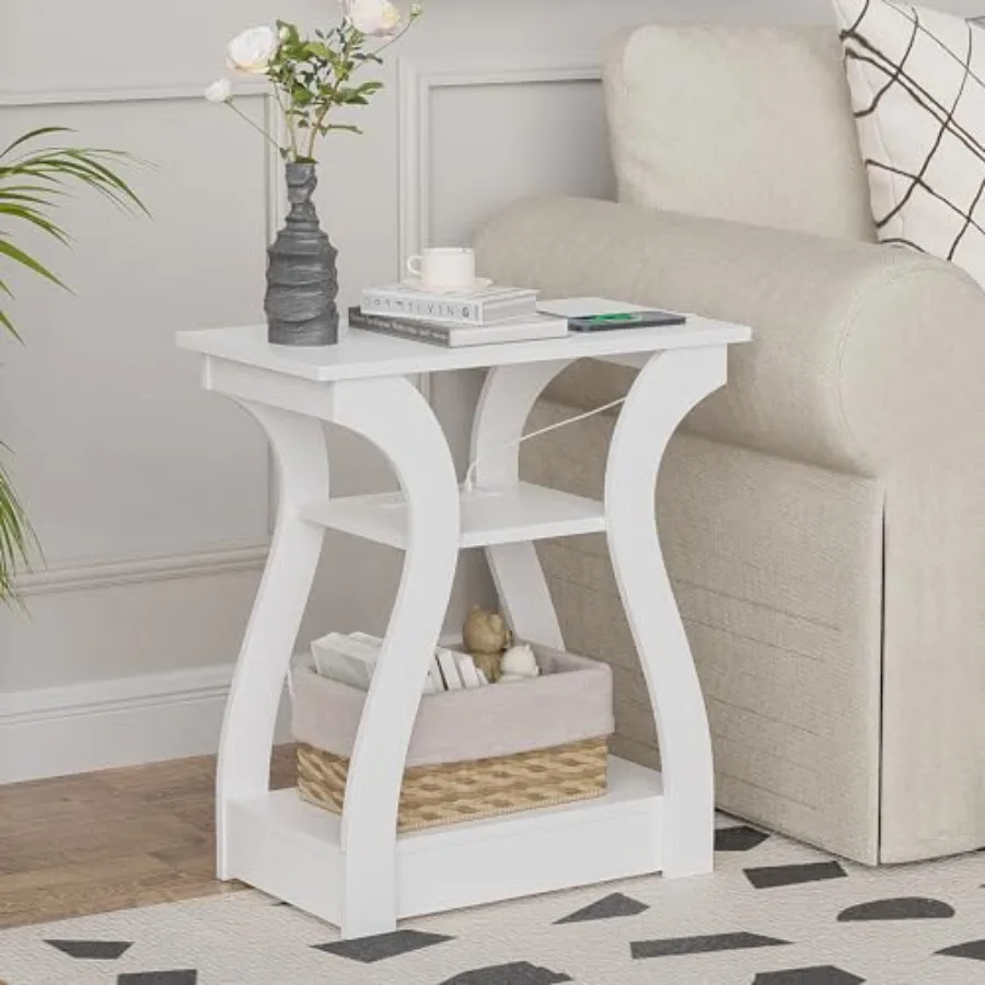 

End Tables Living Room White End Table with Charging Station White Side Table Nightstand for Bedroom 3 Tier End Table with Stor