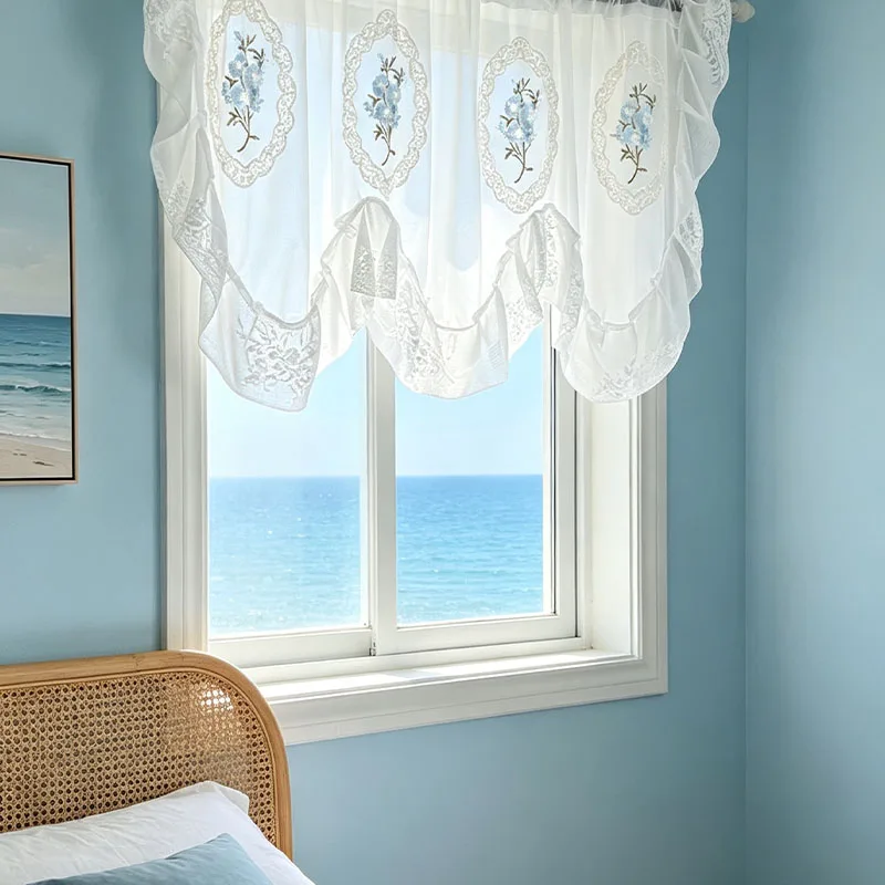 1pc French Fresh Blue Floral Oval Lace Frame Wavy Short Valance, Soft Layer Ruffle Sheer Curtain