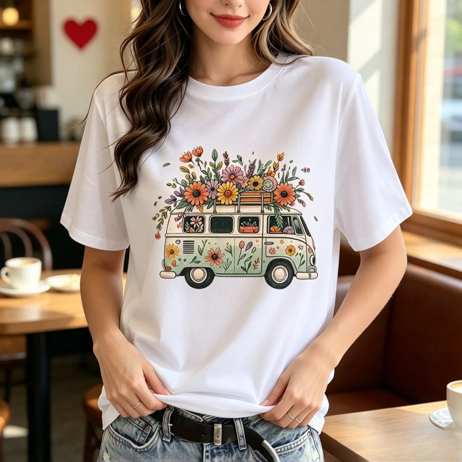 Women Vintage Floral Camper Van T-Shirt Flower Power Bus Print Top Modal Casual Travel Boho Nature Daily Street Shirt