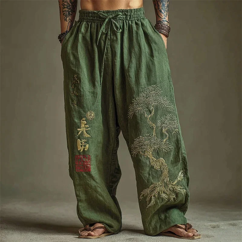 

Men's retro longevity tree 3D printed casual pants, drawstring straight leg pants, summer beach pants