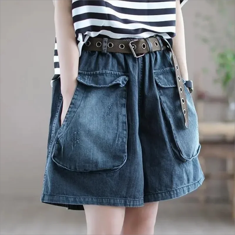 

Women's Elastic Waist Sashes Solid Denim Shorts Summer New Korean Casual Fashion All-match Loose Pockets Wide Leg Trouser Skirts