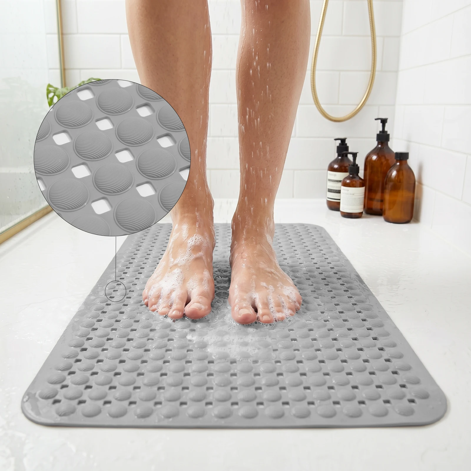 BATHLUX PVC Dotted Striped Non-Slip Bath Mat with Suction Cups and Drain Holes Quick Drain for Shower and Bathroom Bath Tub Mat