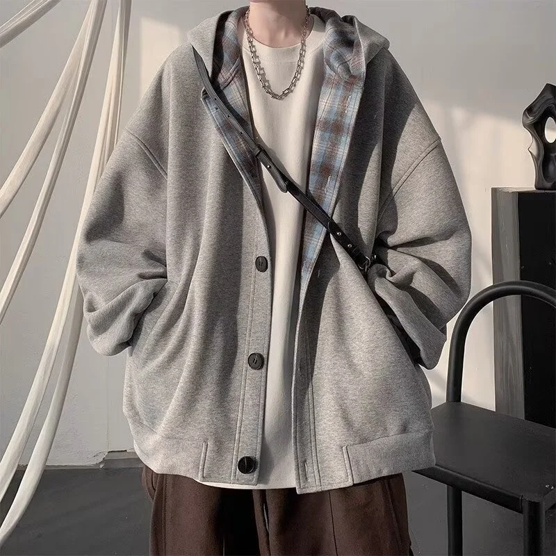 

Retro solid color plaid hooded cardigan fake two-piece hoodie men's and women's spring and autumn casual loose couple jacket