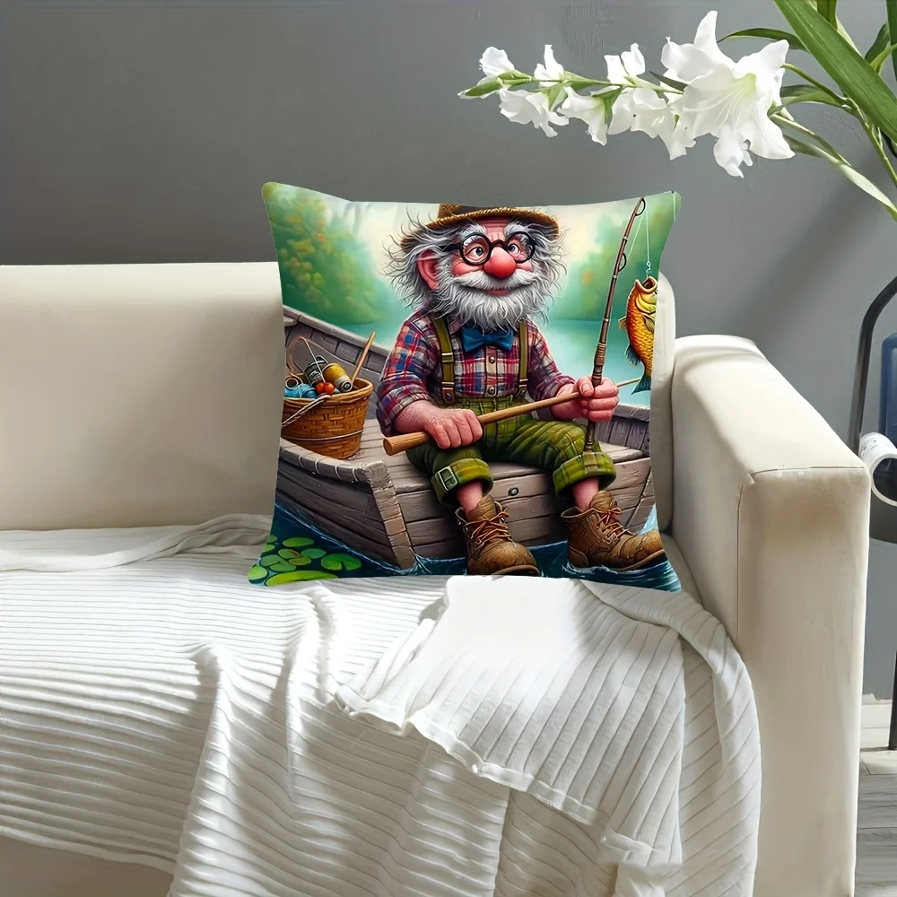 Funny Old Man Fishing Pillow Case, Cartoon Fisherman Cushion Cover, Humorous Outdoor Hobby Home Decor for Sofa Bedroom Living