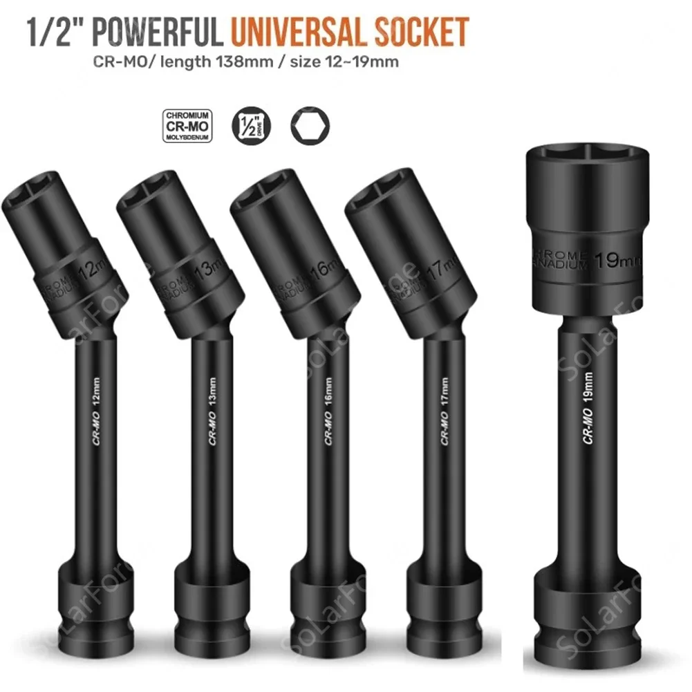 Impact Swivel Hex Socket Head Adapter 1/2-Inch Drive Universal Joint Steel Spanner Converter 12-19mm