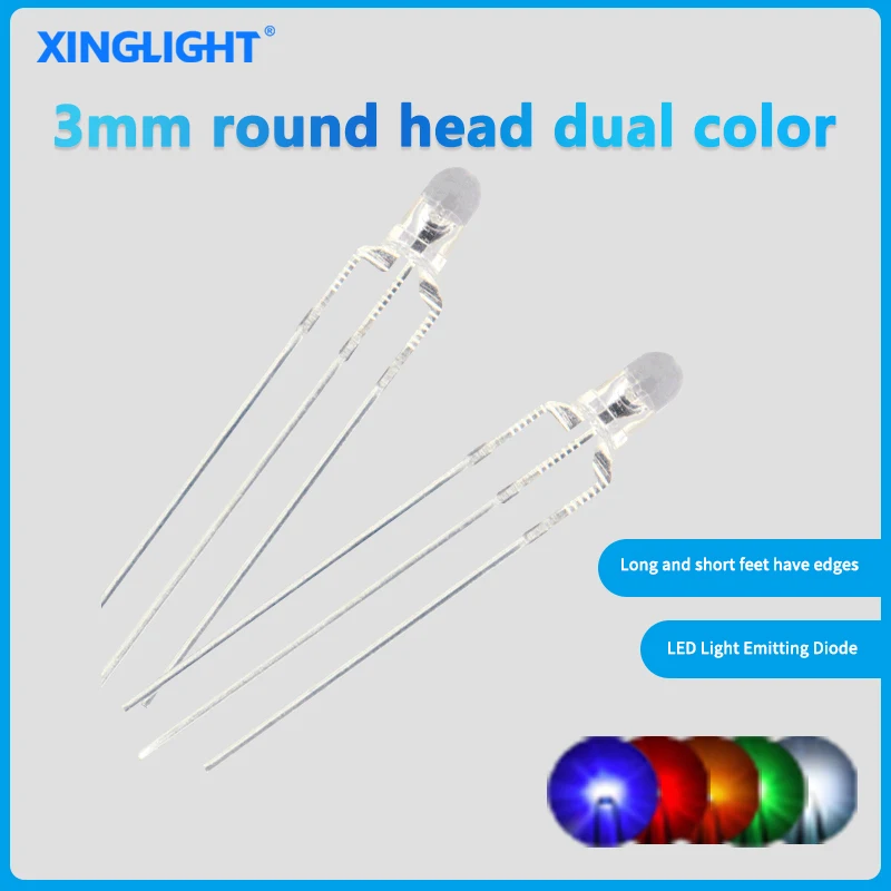 

100pcs F3/3mm round head dual color transparent led beads three pins red blue green DIP light emitting diodes