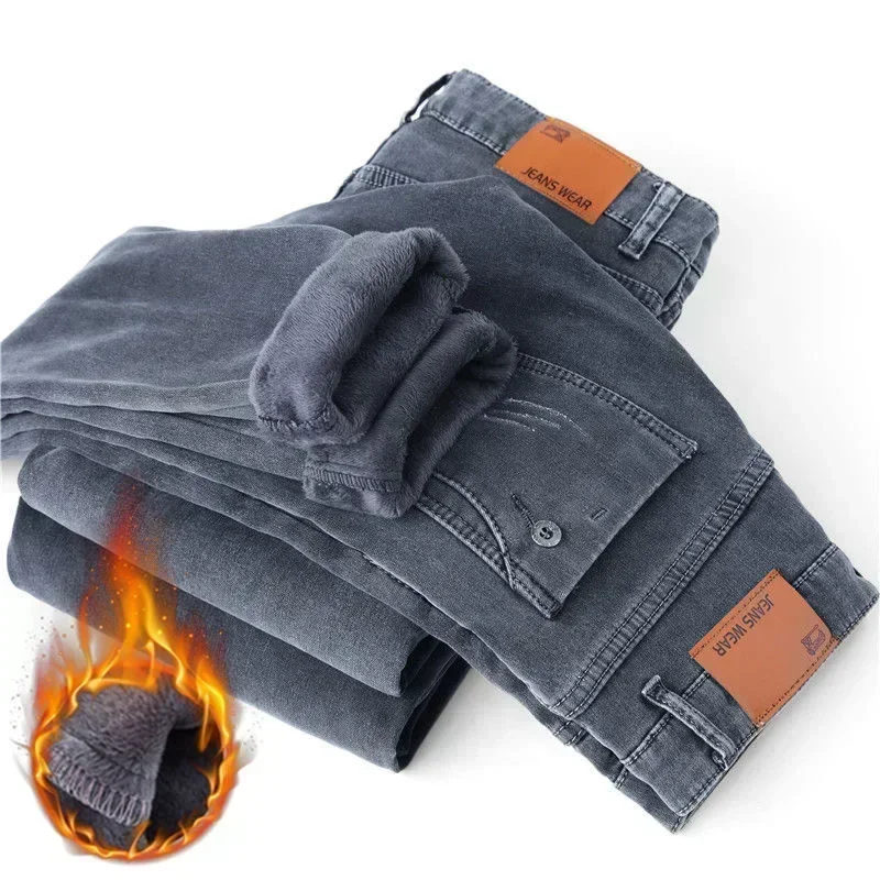 2026 Autumn and Winter New Classic Fashion Trend Plus Fleece Stretch Shorts Men's Casual Comfort Warm High Quality Jeans 27-38
