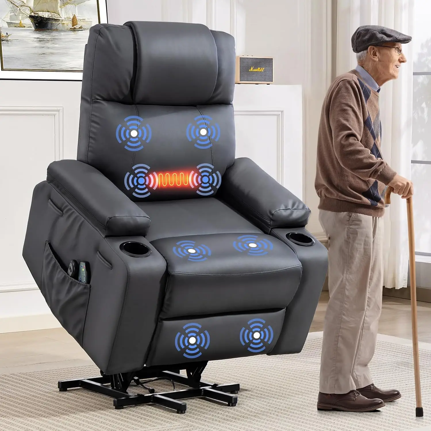 

#PU Leather Power Lift Recliner w/ Massage & Heat 160° Adjustable Remote Cup Holders Side Pockets Living Room Grey Customized