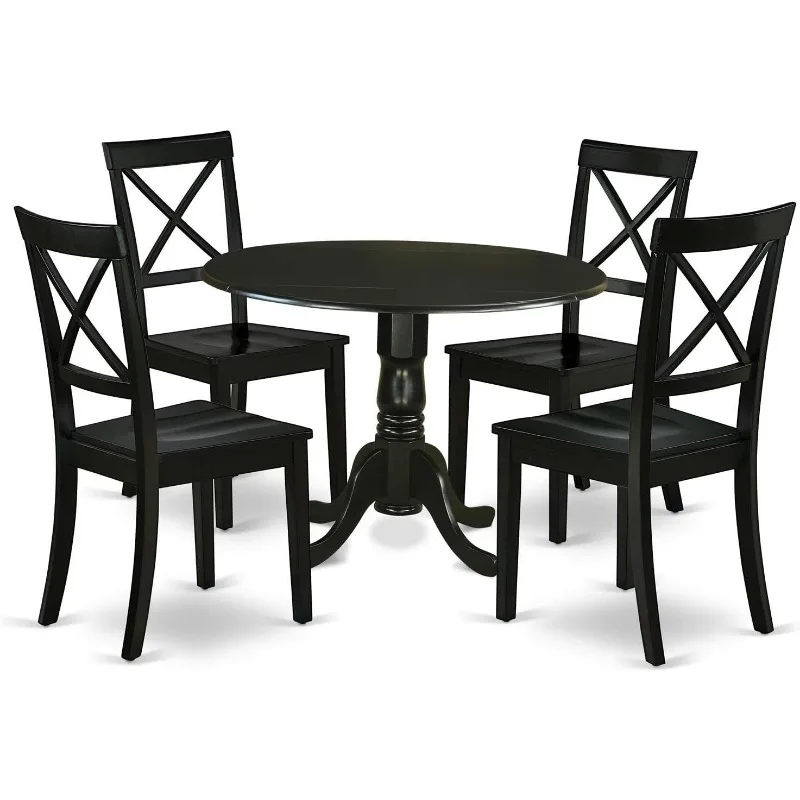 

5 Piece Dinette Set for 4 Includes a Round Dining Room Table with Dropleaf and 4 Kitchen Dining Chairs, 42x42 Inch, Black