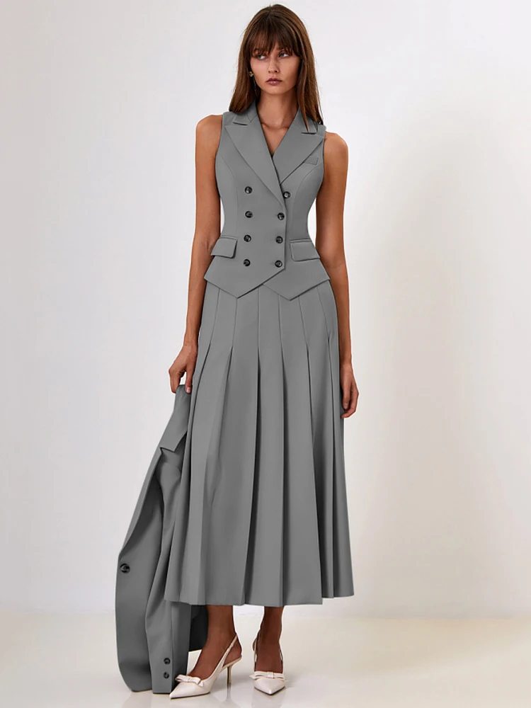 JULISSA MO Notched Collar Pleated Skirt Suit Women Two Piece Sets Single Breasted Vest High Slit Skirt Autumn Official Skirt Set