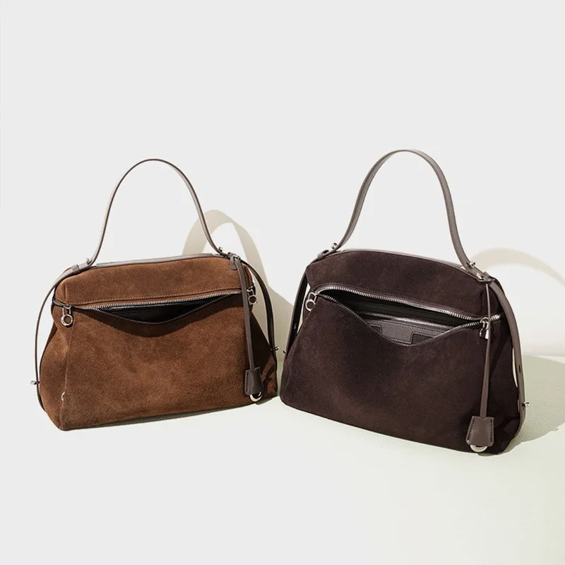 

Suede Stitching Cowhide 32cm tote Bag New Design Vintage Large Capacity Fashion Simple Single Shoulder Crossbody Bag Women's Bag
