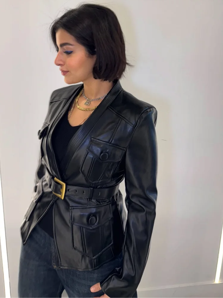 Women Waist-Cinching Leather Blazer Solid V-Neck Multiple Button Long Sleeve Pocket Belted Leather Coat 2026 Daily Outing Wear