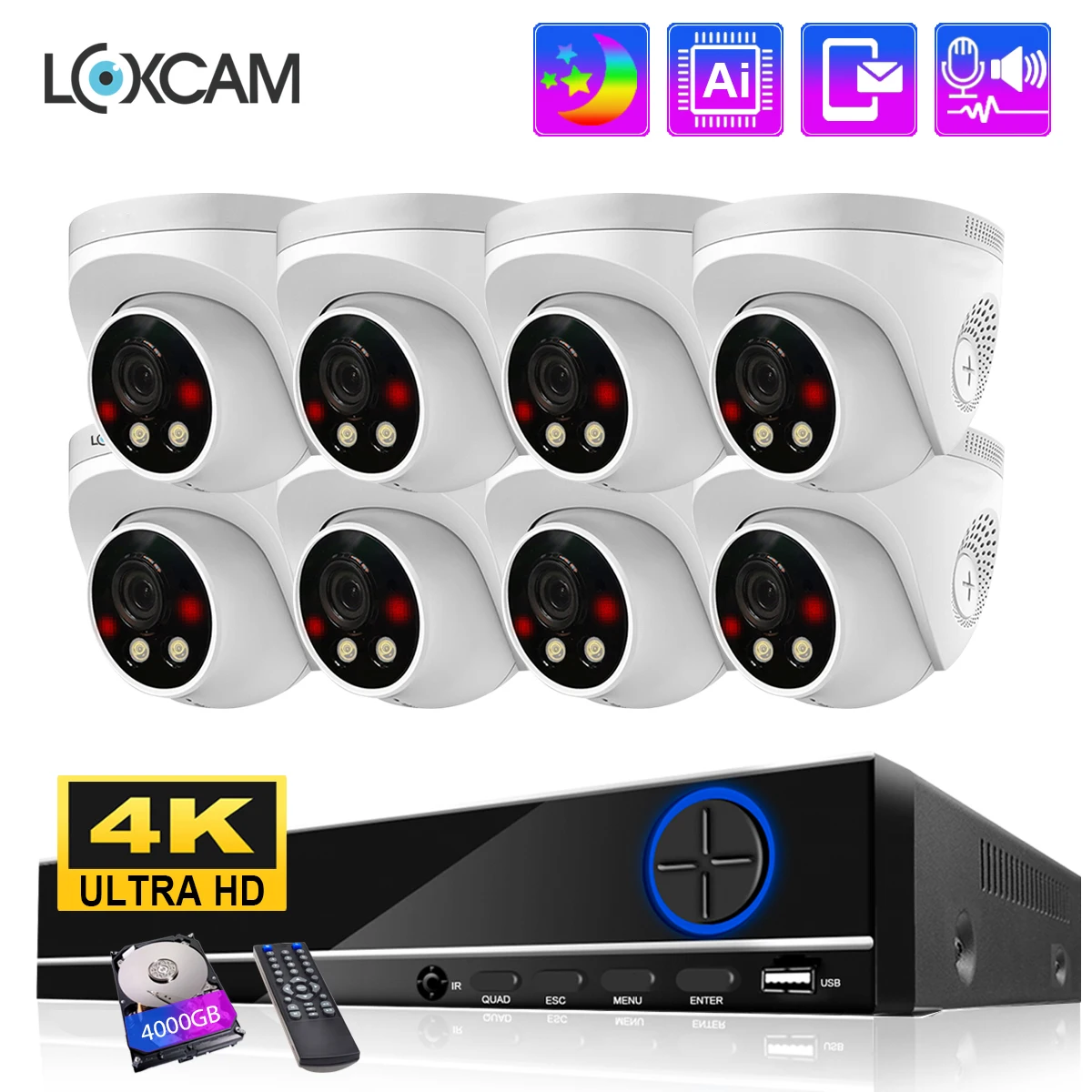 

LOXCAM H.265+ 10CH 4K POE NVR Kit 8CH 8MP Two Way Audio indoor Color Night Camera CCTV Video Surveillance Camera Security System