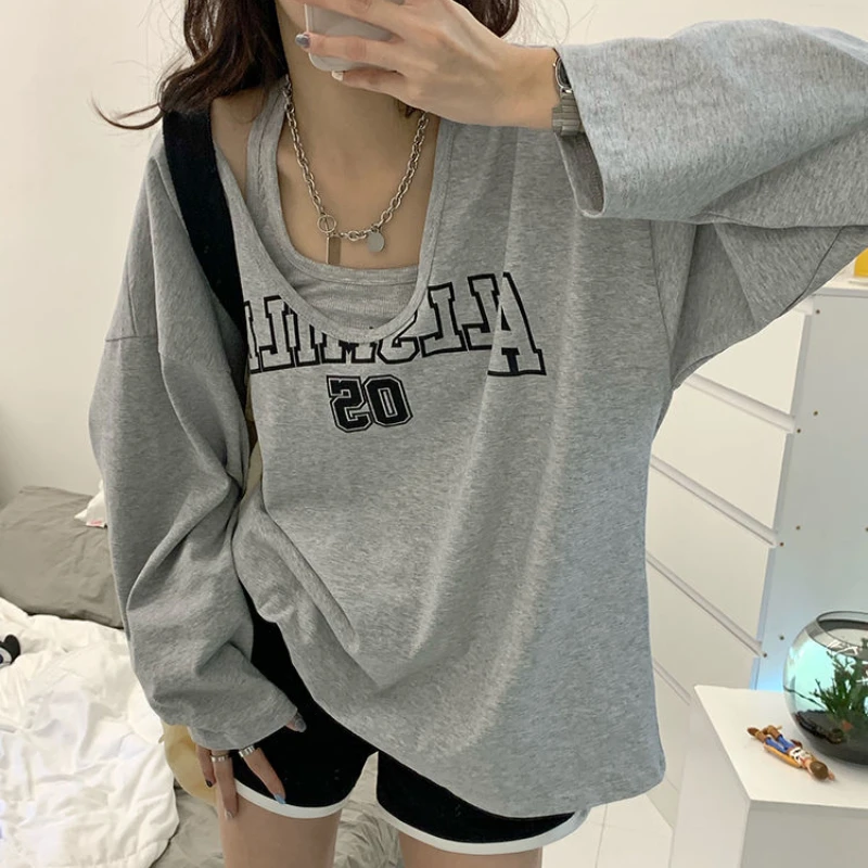 Y2k Baggy Halter Two Piece Sweatshirt Women Letter Print Loose Aesthetic Hoodies Women Retro Fashion Casual Streetwear Tops