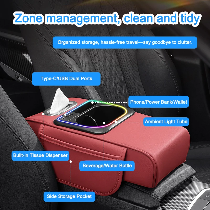 Car Armrest Cushion Leather Center Console Cover LED Ambient Lighting,with Storage Bags Phone Slot Charging Port Tissue Holder