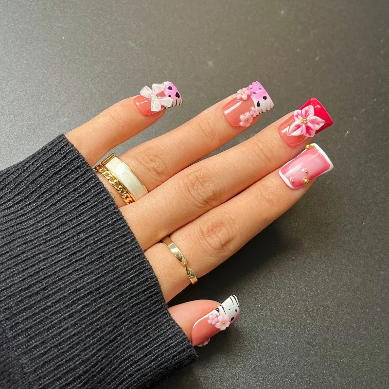 10 pièces à la main Kawaii ongles rose imprimé léopard presse sur ongles 3D arc conception florale mignon bec de canard faux ongles doux Dessert Style