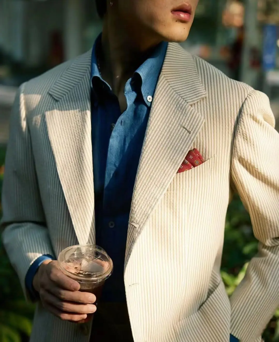 

Casual Men Jacket Seersucker Stripe Outfits Custom Wedding Groom Tuxedo Costume Homme Peaked Lapel Jacket
