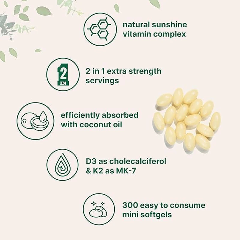 2-in-1 Extra Strength Vitamin D3+K2 with Coconut Oil Natural Sunshine Vitamin Complex 300 Soft Capsules Support Health