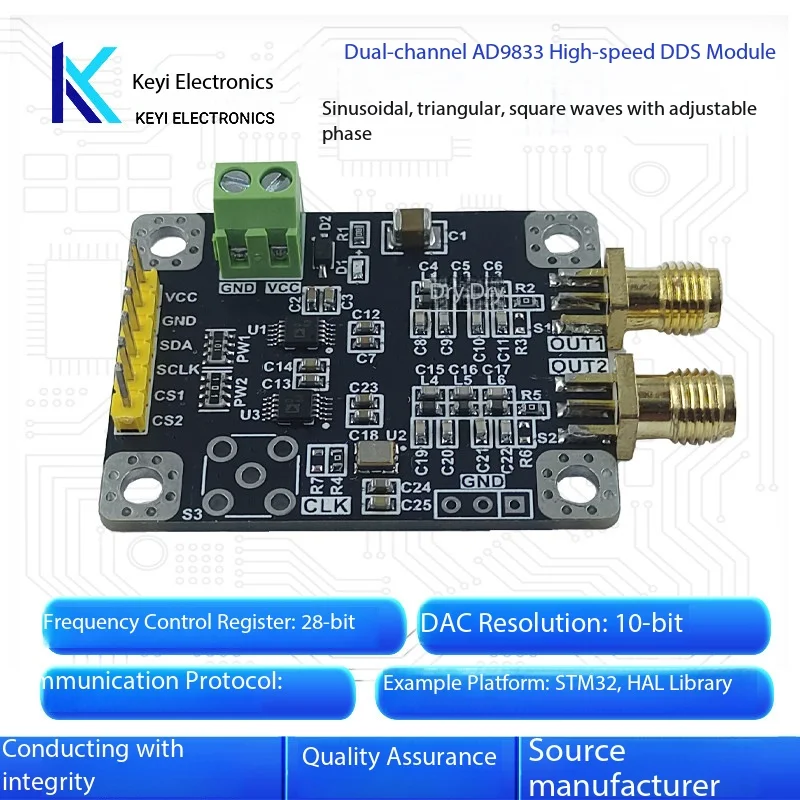 Dual-channel AD9833 module, high-speed sine wave triangular wave square wave DDS signal generator module with adjustable phase