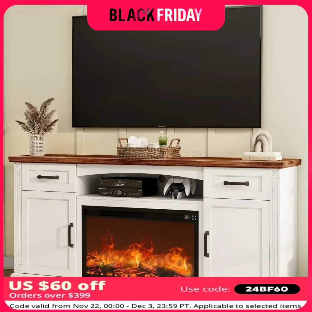 TV Stand for Up To 80 Inch TVs with Electric Fireplace, 2 Storage Cabinets & 2 Drawers, 70in Fireplace TV Stand