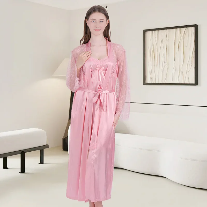 

Женская розовая элегантная сорочка, одежда для сна, комплект из 2 предметов, длинный атласный халат, кимоно, летняя ночная рубашка, однотонная модная одежда из ледяного шелка