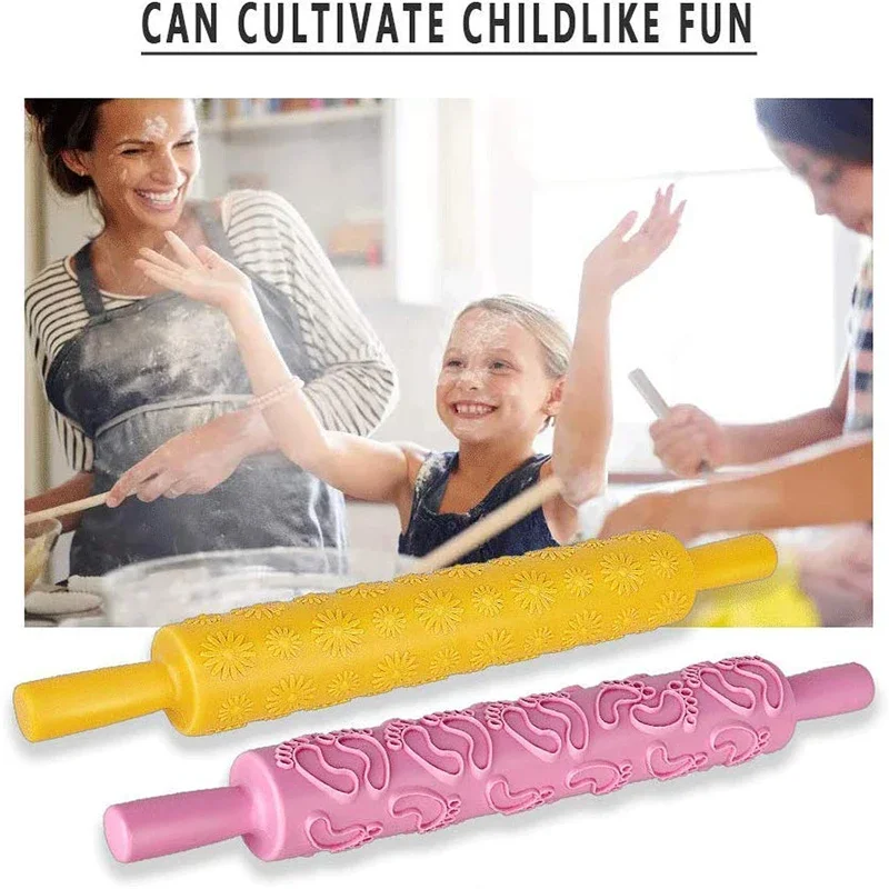 Roller Cake Decorating Embossed Rolling Pins Textured Non-Stick Fondant Pastry Icing Clay Dough Roller Kitchen Baking Tools