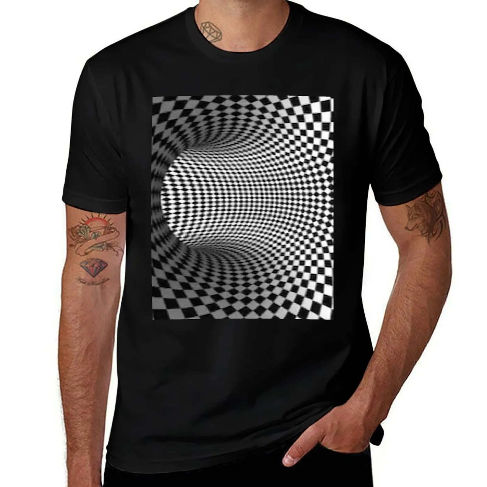 Black and white checkered optical illusion T-Shirt Durable Work Wear T-Shirt
