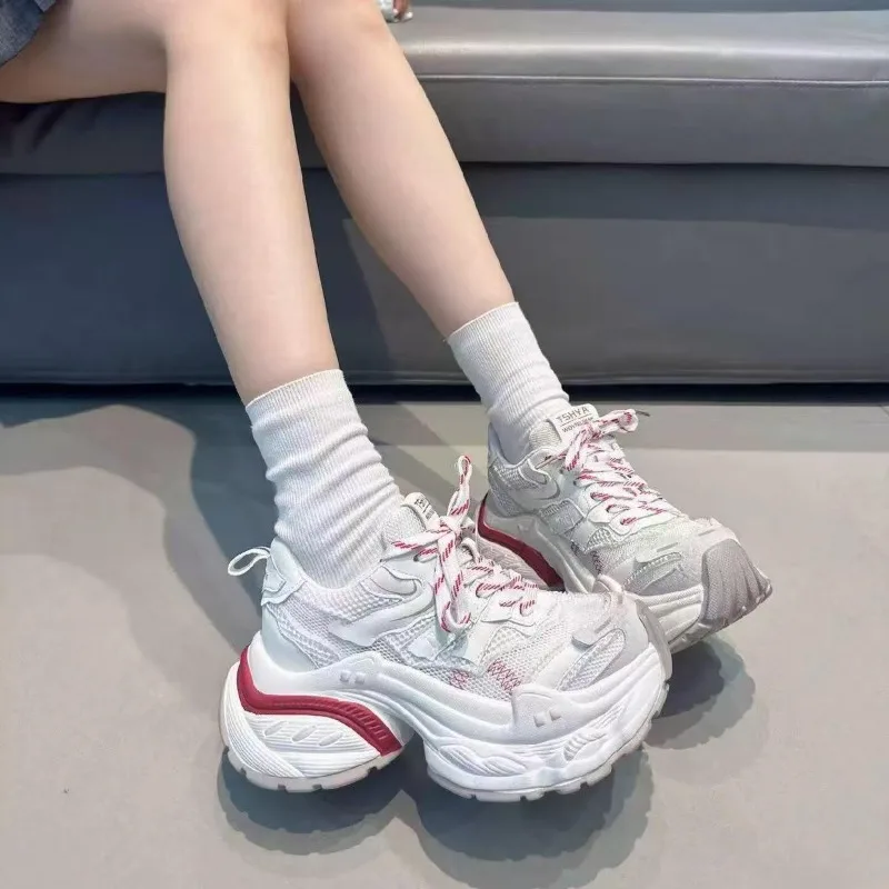 Women Height Increasing Chunky Dad Shoes Genuine Leather Platform Sneakers 7cm Thick Sole Breathable Casual Streetwear Trainers