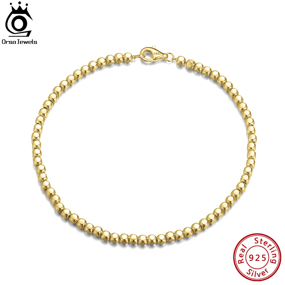 ORSA JEWELS Italian 2.5mm Cube Beaded Chain Bracelet Soild 925 Sterling Silver 18K Gold Plated Beads Bracelet Simple Gift SB124