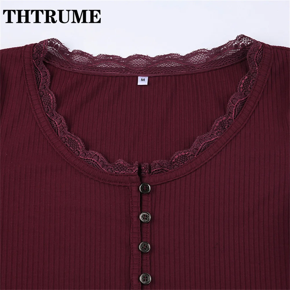 Autumn Long Sleeve Red T-Shirts Fashion Women Slim Ribbed Retro V-Neck Vintage Crop Tops Casual Communte Button Chic Lace Tees