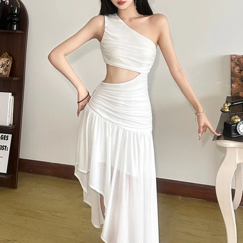 

2025 Summer New Fashion Women's One-Shoulder Hollow Out Waist Solid Color Asymmetrical Wave Hem Dress