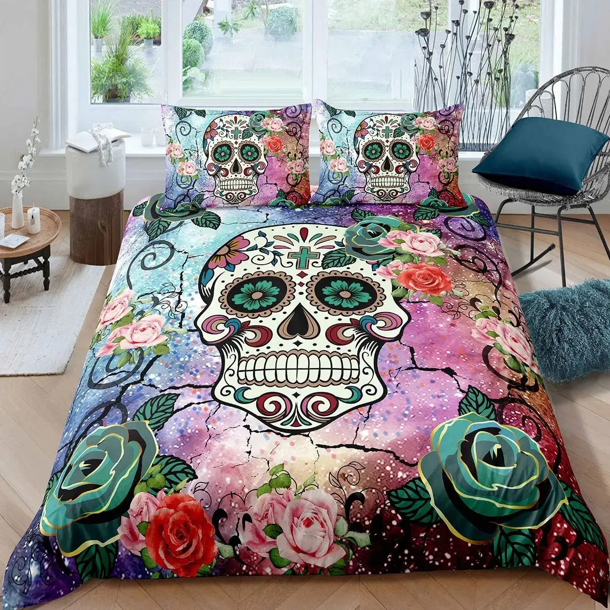 

Floral Sugar Skull Duvet Cover Set King Size Bedding Set Sugar Skull Decor Comforter Cover Skull Bones Skeleton Roses Bed Sets