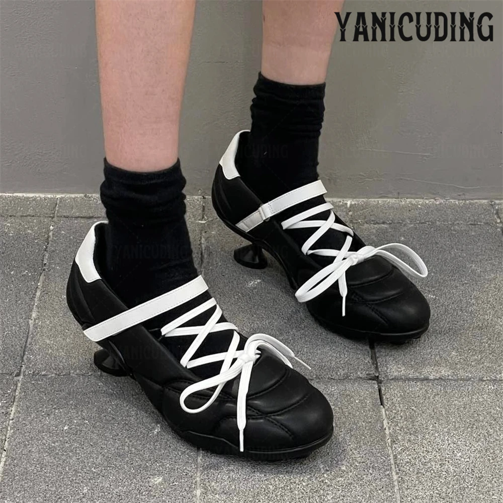 

Sporty Ballet Sneakers Black White Leather Stilettos Round Toe Lace-Up Soft Leather Shoes Novelty Designer Style Handmade Shoes