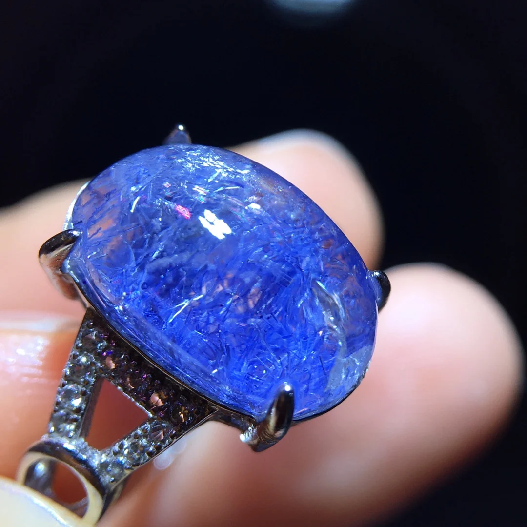 

Natural Blue Rutilated Dumortierite Ring Flower Adjustable 13.7/9.3mm Woman Men Ring Rutilated Quartz Jewelry AAAAAAA