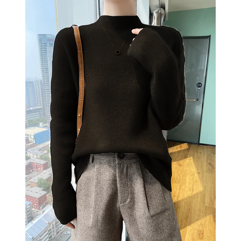 100%Wool Winter Tight Fitting Slim Fit Thickening Tops Pullovers Casual Womens Long Sleeve Keep Warm Knitting Ladies Sweater