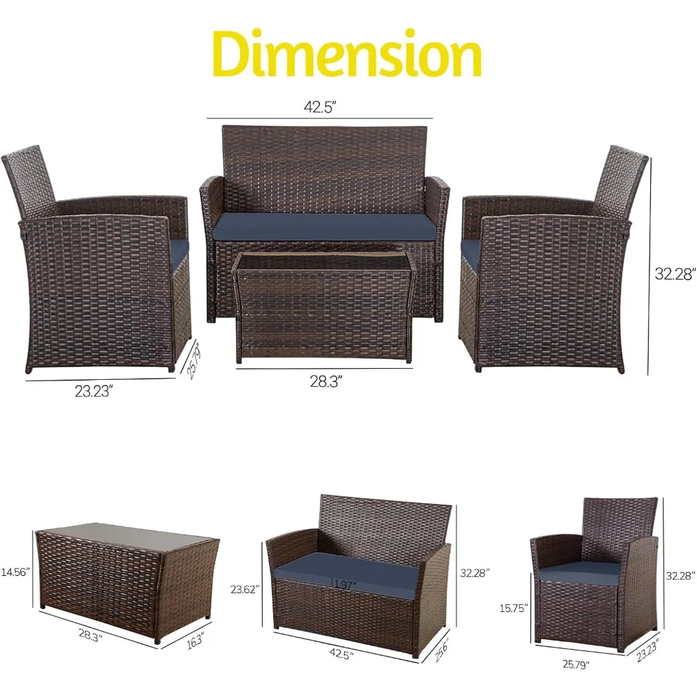 4 Piece Outdoor Furniture Set, Patio Wicker Sectional Sofa with Tempered Glass Coffee Table and Cushions, Rattan Conversation