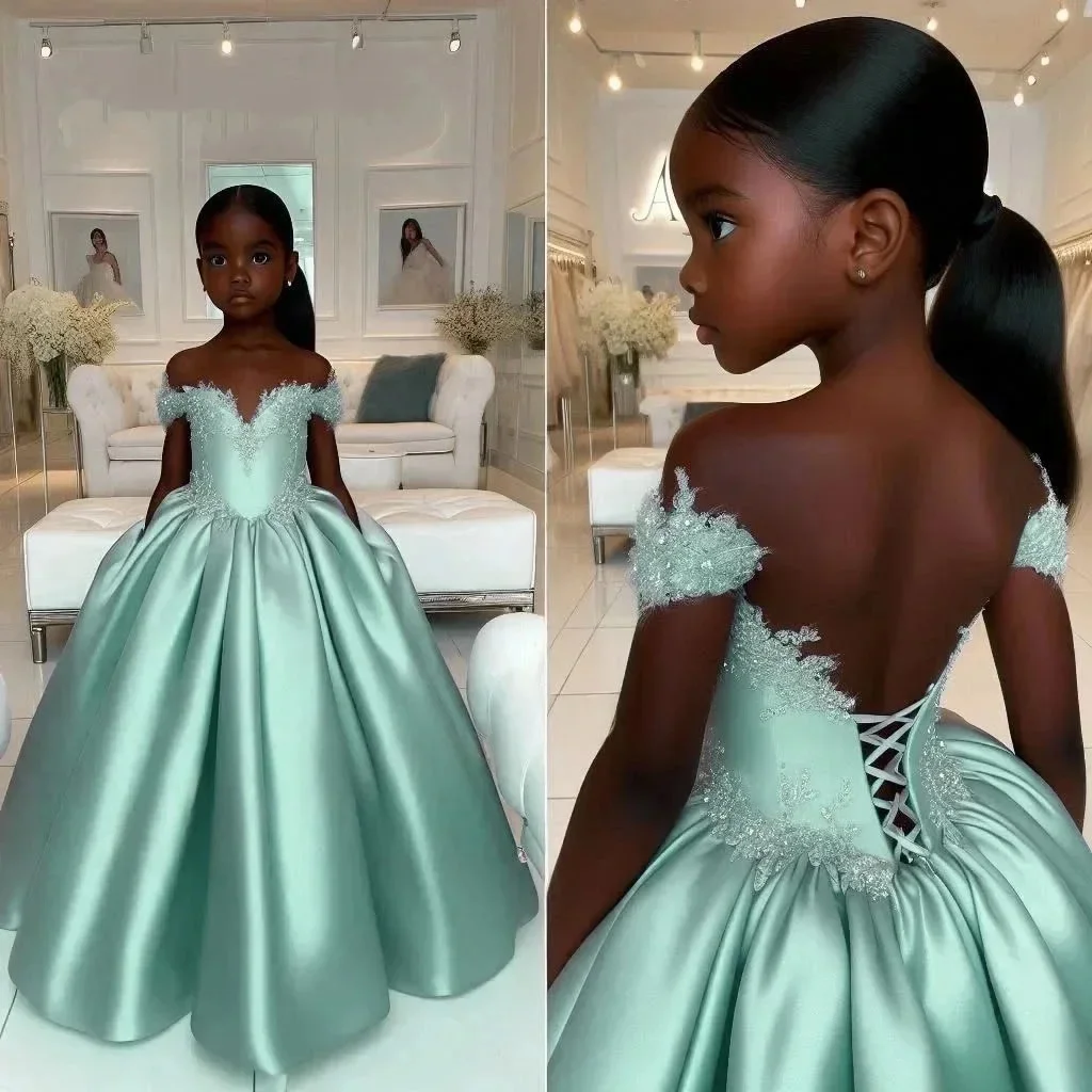 Satin Customized Flower Girl Dress For Wedding Off Shoulder Lace Appliqué With Corset Back Design Birthday First Communion Gown image 3