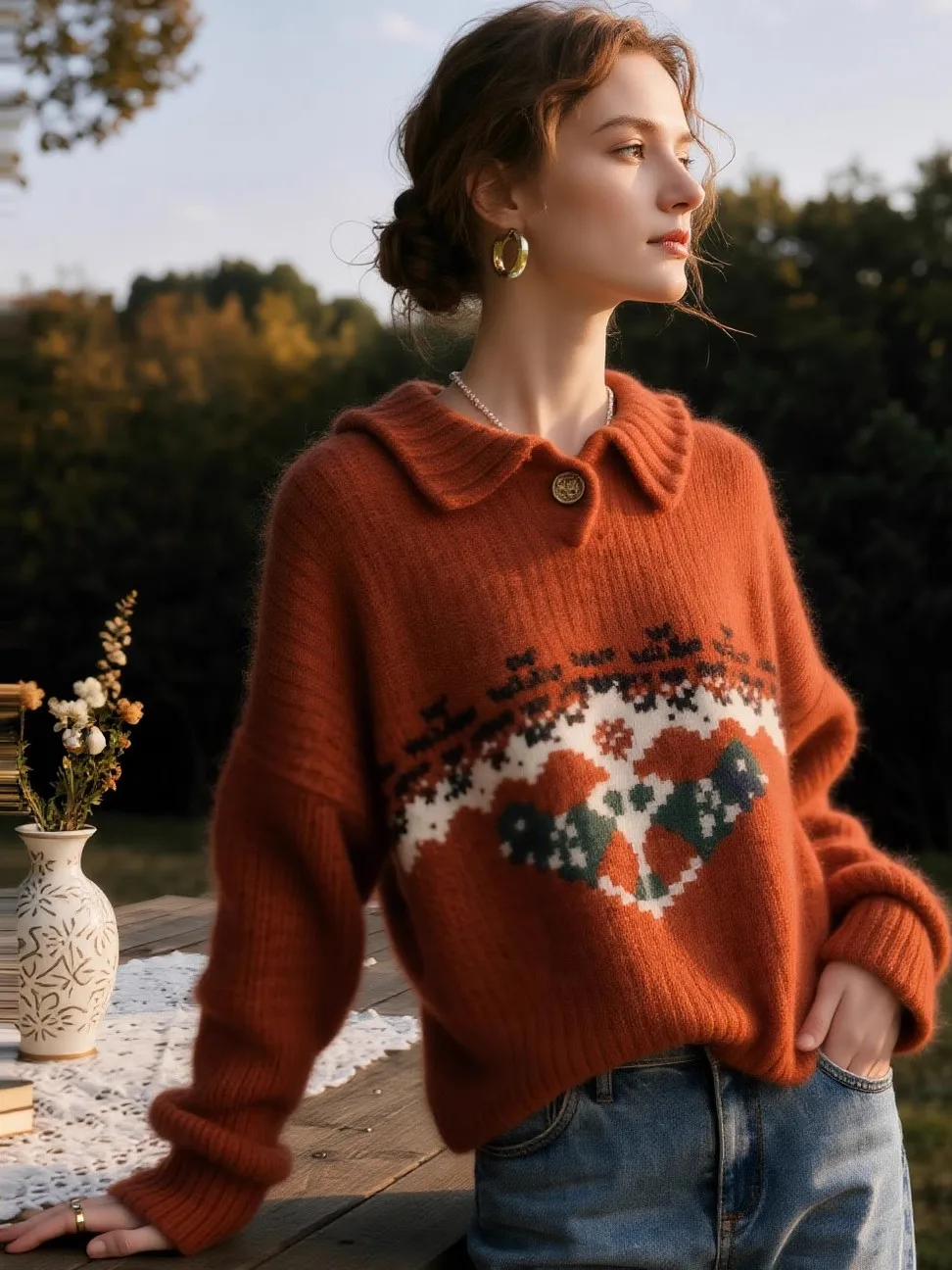 

Красный вязаный свитер с воротником Cisas, женский свободный длинный свек, накладной свитер с героями мультфильмов, осень-зима, высокочувствительный свитер Camere