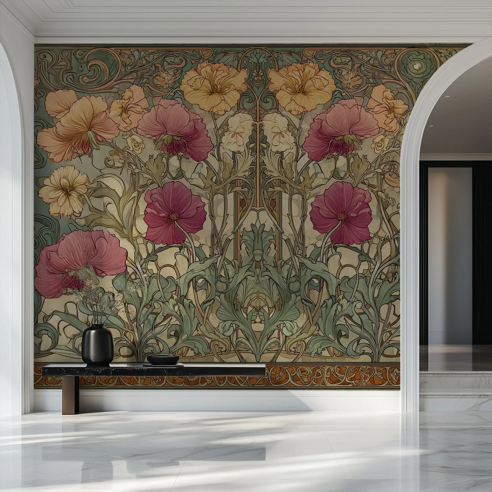Customized Size Mural Floral 3D Wallpaper in Blue-Green vintage, Textured, Pink Blue-Green, Cream Colored Decorative Painting