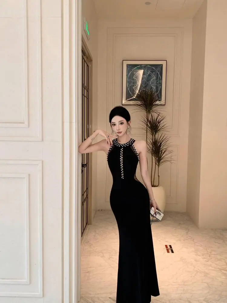 

Summer French Vintage Black Pearl Off Shoulder Backless Party Evening Dress Women Sleeveless Elegant Halter Prom Dresses Popular