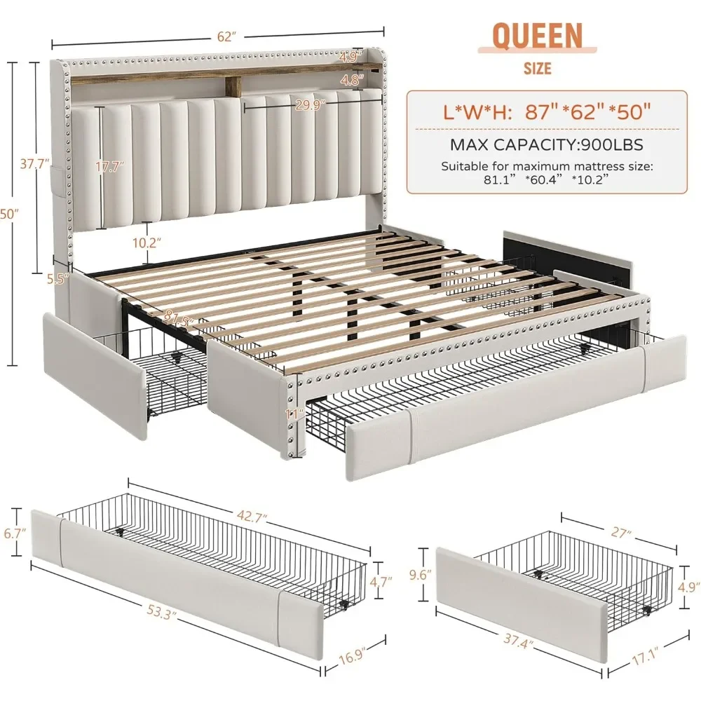 Queen Bed Frame with Headboard and 3 Large Drawers, Upholstered Platform Bed Frame Queen Size with Storage, Queen Size Bed Frame