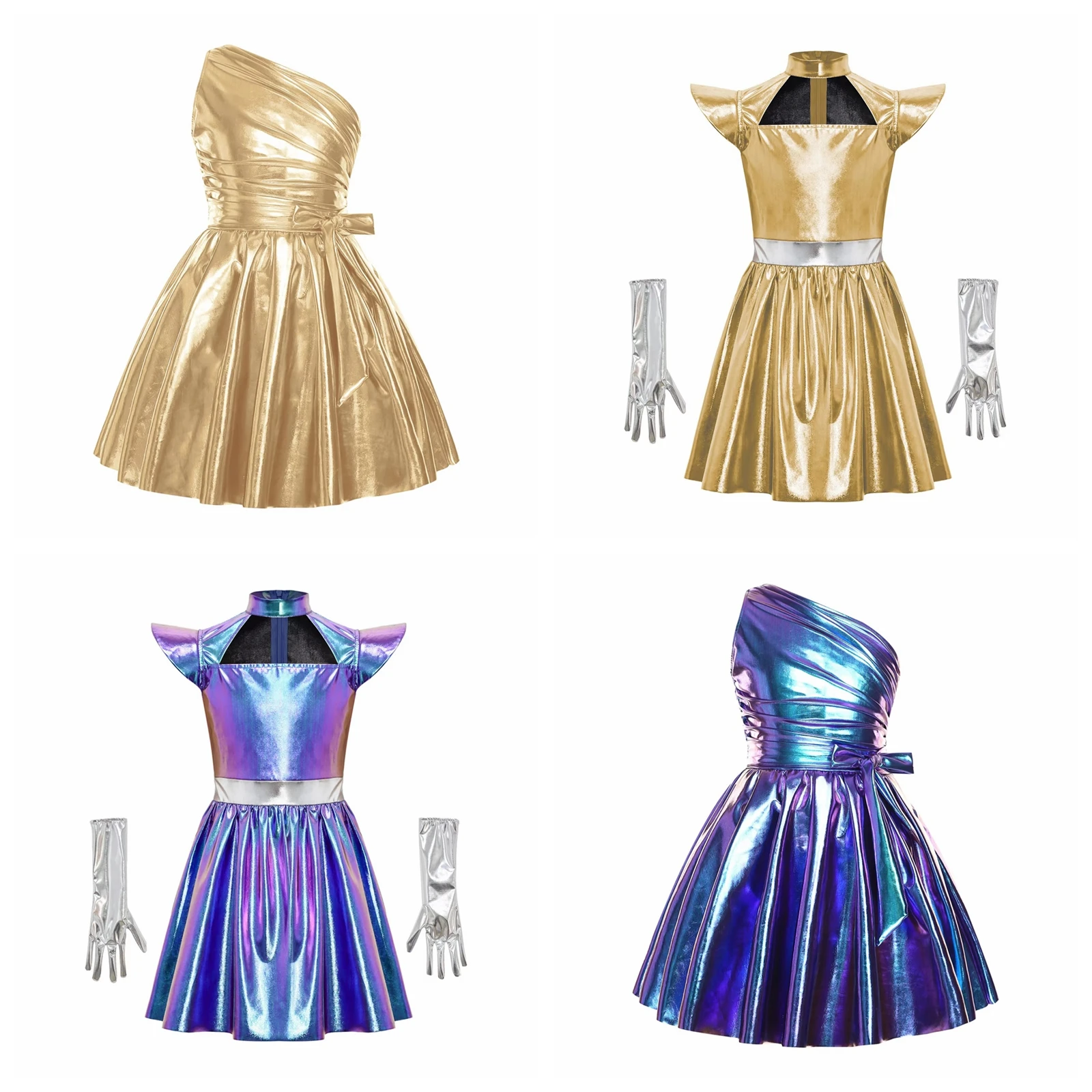 

Flying Sleeve Girls Cosplay Outerspace Alien Outfit Fancy Dress Robot Costume Metallic Dress Theme Party Dress with Gloves