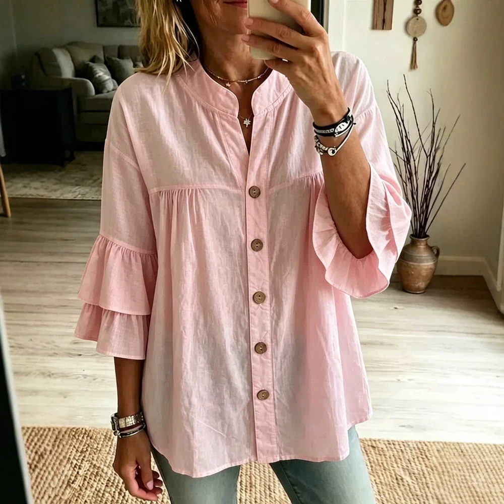 Women's Stand Collar Button Down Blouse Double Ruffle 3/4 Sleeve Loose Casual Shirt Solid Color Tunic Tops