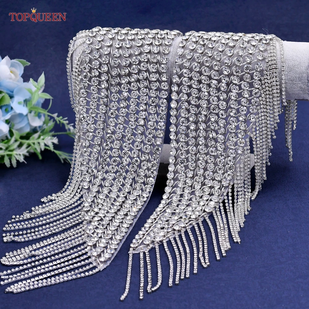 Topqueen New Crystal Tassel Wedding Collar Sewing Patch Rhinestone Tassel Applique Neckline For Clothing Decoration SP56