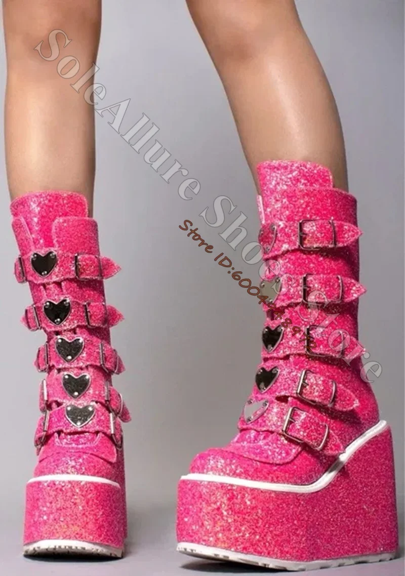 Glitter Multi Heart Buckle Wedge Platform Boots Vertical Adjustable Strap Tall Knee Sweet Goth Booties Punk Boots view 2