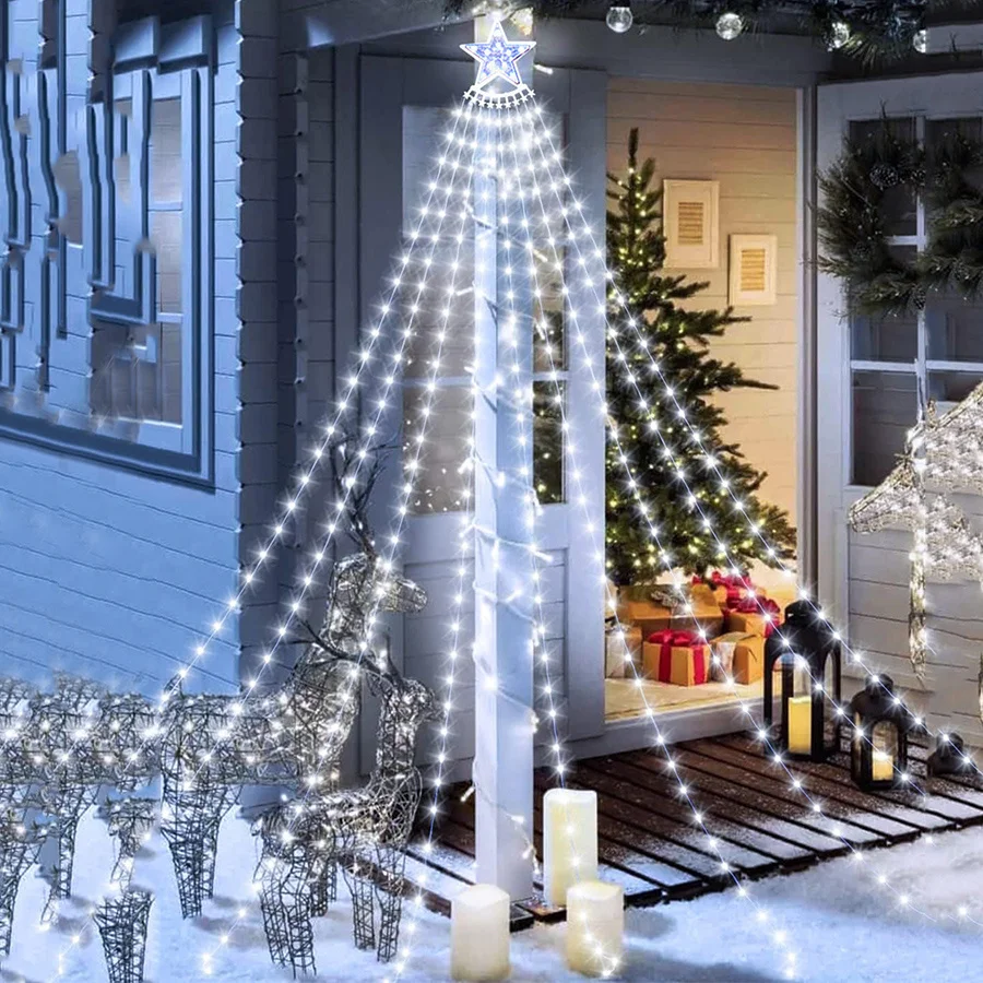 3M 9 Strands ตกแต่งคริสต์มาส Star String Light 288LED กลางแจ้งน้ําตกต้นไม้พร้อม Topper Star Christmas Icicle Light