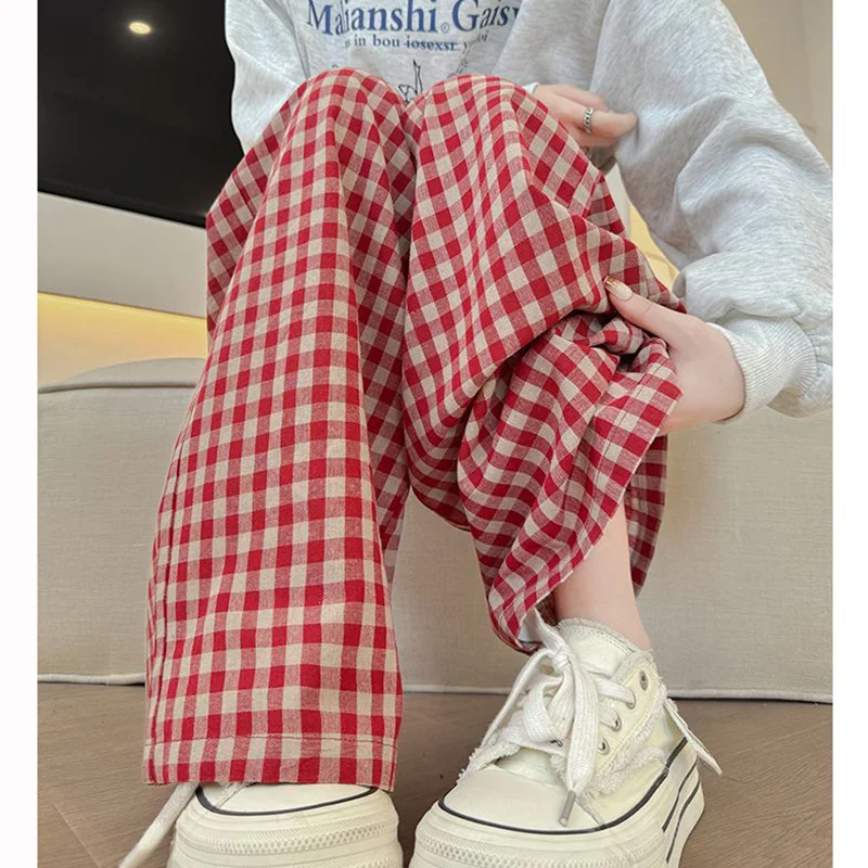 Women Chic Retro Plaid High Waist Pants Female High Waist Comfortable Long Pants Girls Classic Fashion Straight Leg Trousers